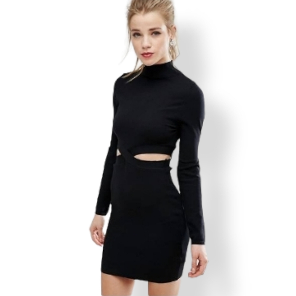 New Look Cut Out Long Sleeve Bodycon Mini Dress Black Sz: 8
